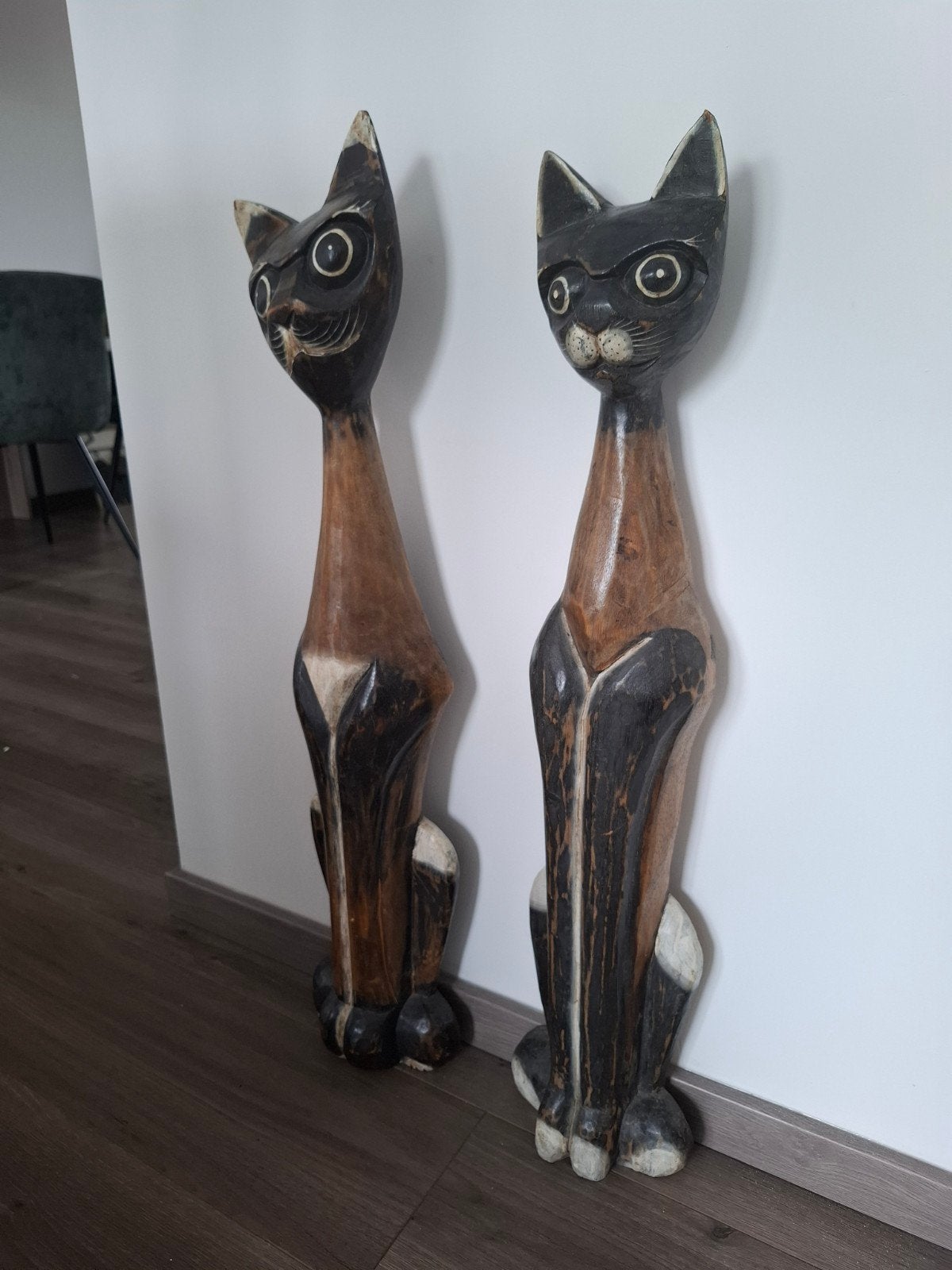 Set van 2 houten kattenbeelden, handgesneden, Ophalen, Hout, Gebruikt, Oosters