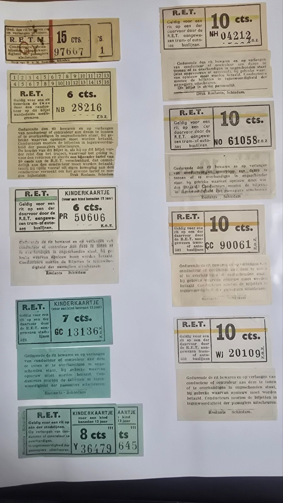 18 oude RET Tram- en Autobuskaartjes (Jaren '30-'50), Ophalen of Verzenden, Gebruikt, Tram, Kaart of Prent