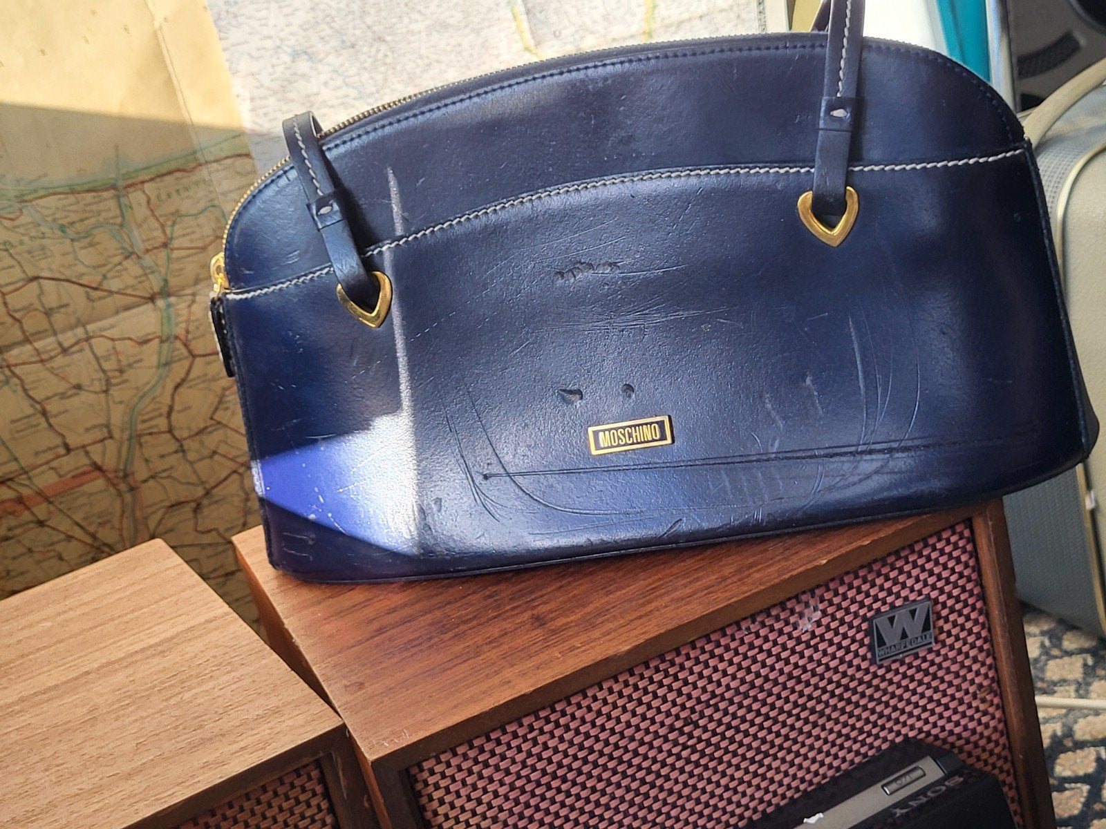 Moschino Handtas - Donkerblauw met gouden details, Ophalen of Verzenden, Gebruikt, Blauw, Handtas