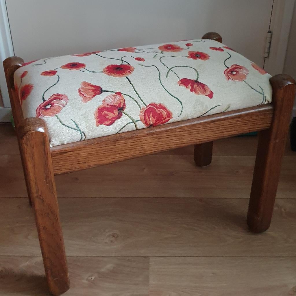 Voetenbank eiken gobelin klaproos (en groen onder), Ophalen, Minder dan 50 cm, Gebruikt, Minder dan 50 cm