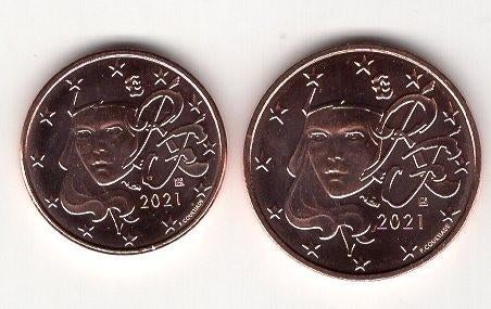 1 en 2 Eurocent Frankrijk 2021 - UNC, Verzenden, Frankrijk, Overige waardes, Setje