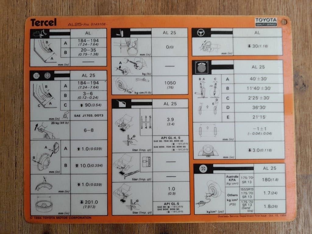 Werkplaatsblad/Servicekaart - TOYOTA TERCEL - AL25 / AL 25, Auto diversen, Verzenden
