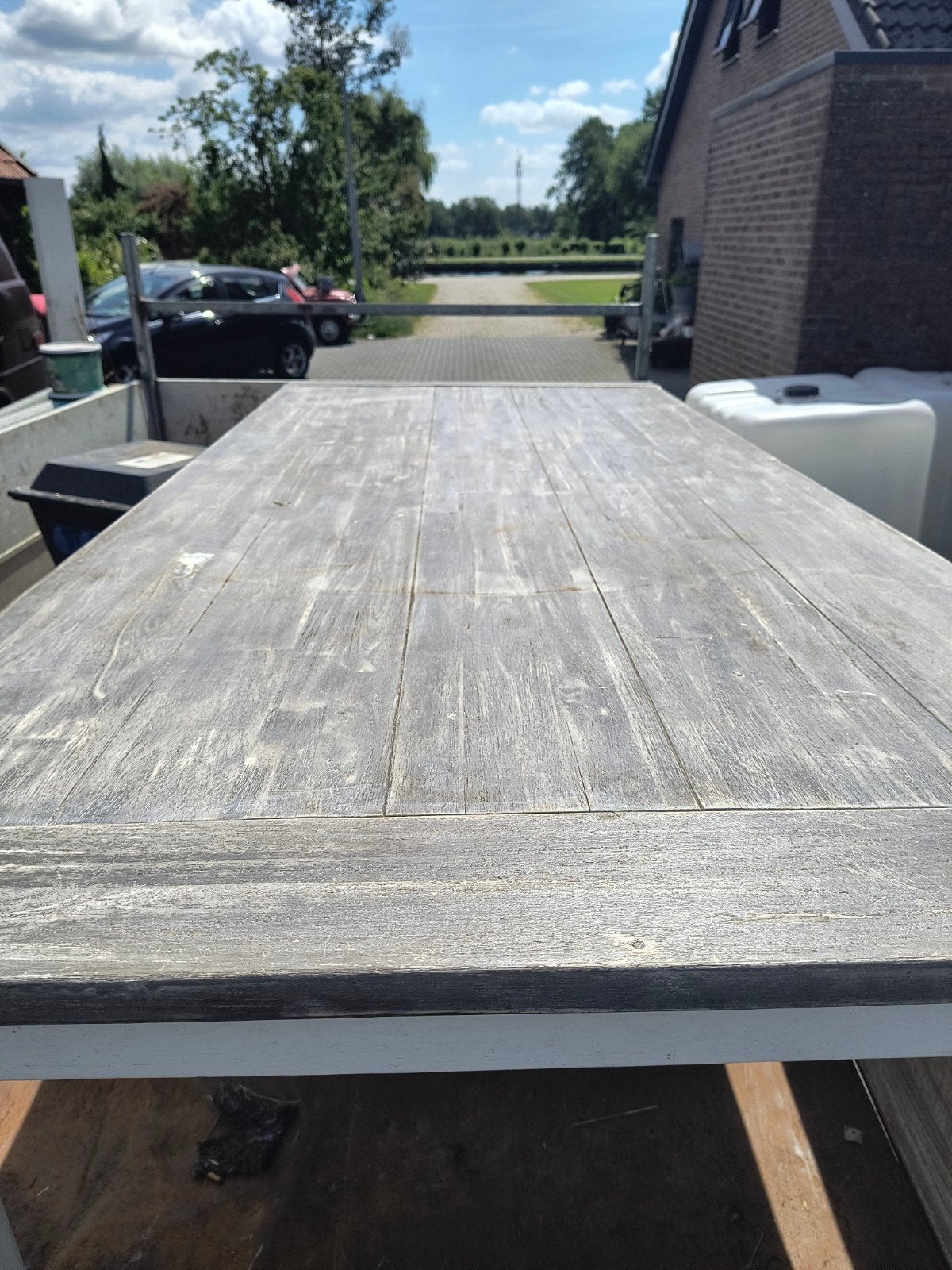 Robuuste, grote houten tafel 220x99 cm, Tuin en Terras, Ophalen, Rechthoekig, Hout