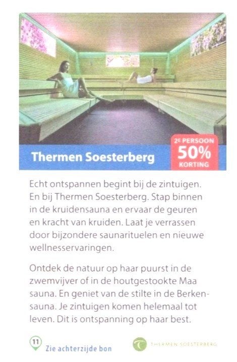 Thermen Soesterberg 2e persoon 50% korting, Tickets en Kaartjes, Drie personen of meer, Kortingsbon, Spa of Sauna