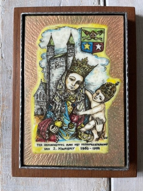 Vintage geemailleerd koperen paneeltje Madonna Maastricht, Ophalen