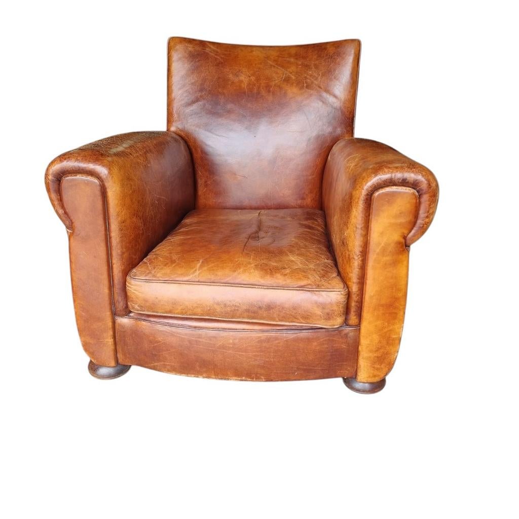 Moustache fauteuil cognac leer + BEZORGING GRATIS, Gebruikt, Art deco, ., Ophalen of Verzenden