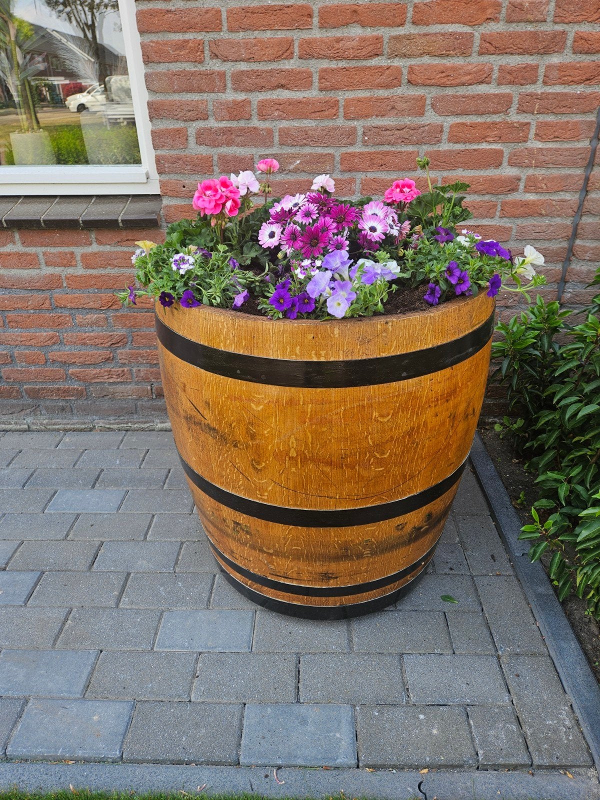 Eikenhouten Bloembak met Wieltjes wijnvat wiskey vaten gelag, Rond, Nieuw, Ophalen of Verzenden, Balkon