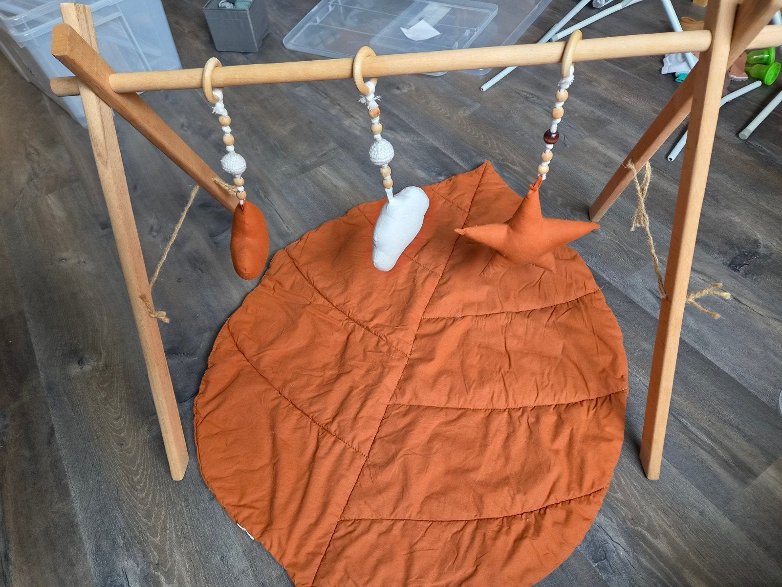 Houten Babygym met Bladvormig Speelkleed en Hangers, Ophalen