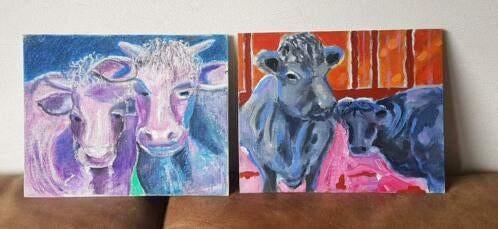 2x Schilderij oliepastel en acryl Koeien Henk Sentel Lovers, Ophalen