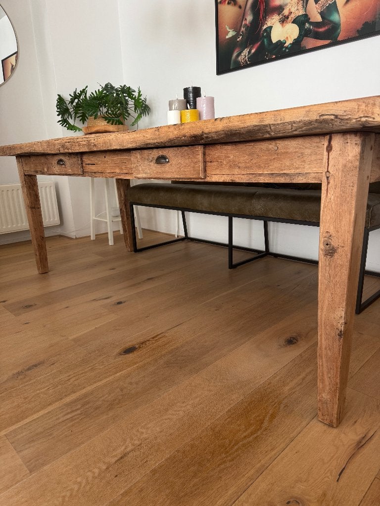 Robuuste Teak Boerentafel met dik blad, Ophalen, Gebruikt, Teakhout, 200 cm of meer