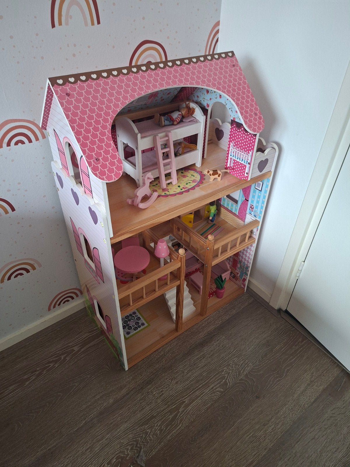 Groot Houten Poppenhuis met Meubels en poppen, Ophalen, Gebruikt, Poppenhuis