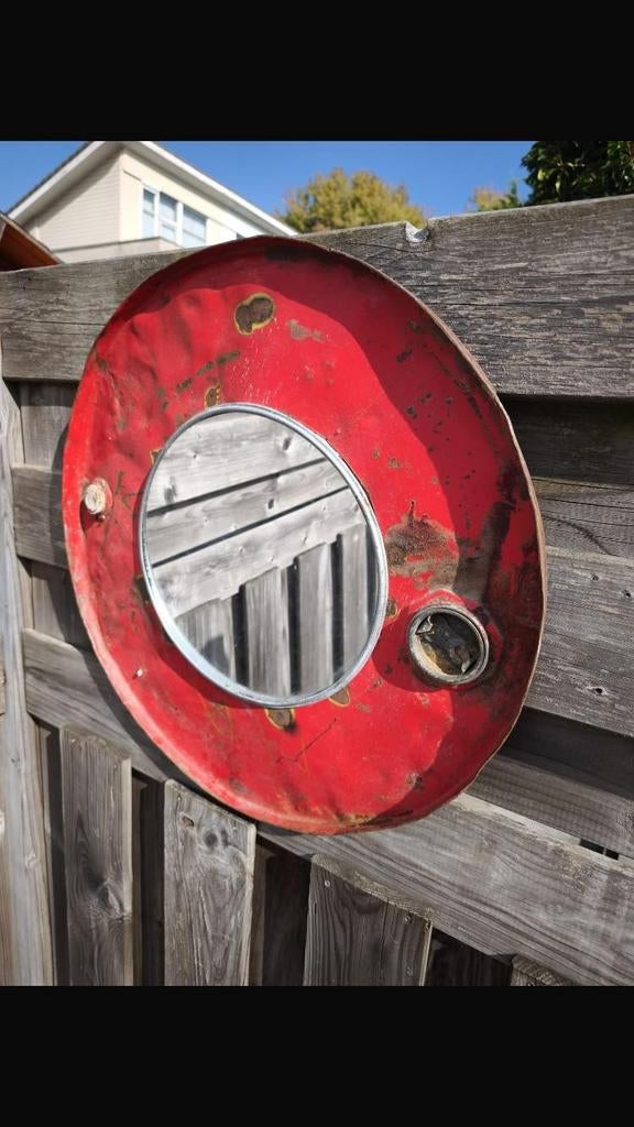 Vintage olievat drum spiegel - Uniek industrieel design, Ophalen of Verzenden, Rond, 50 tot 100 cm, Minder dan 100 cm