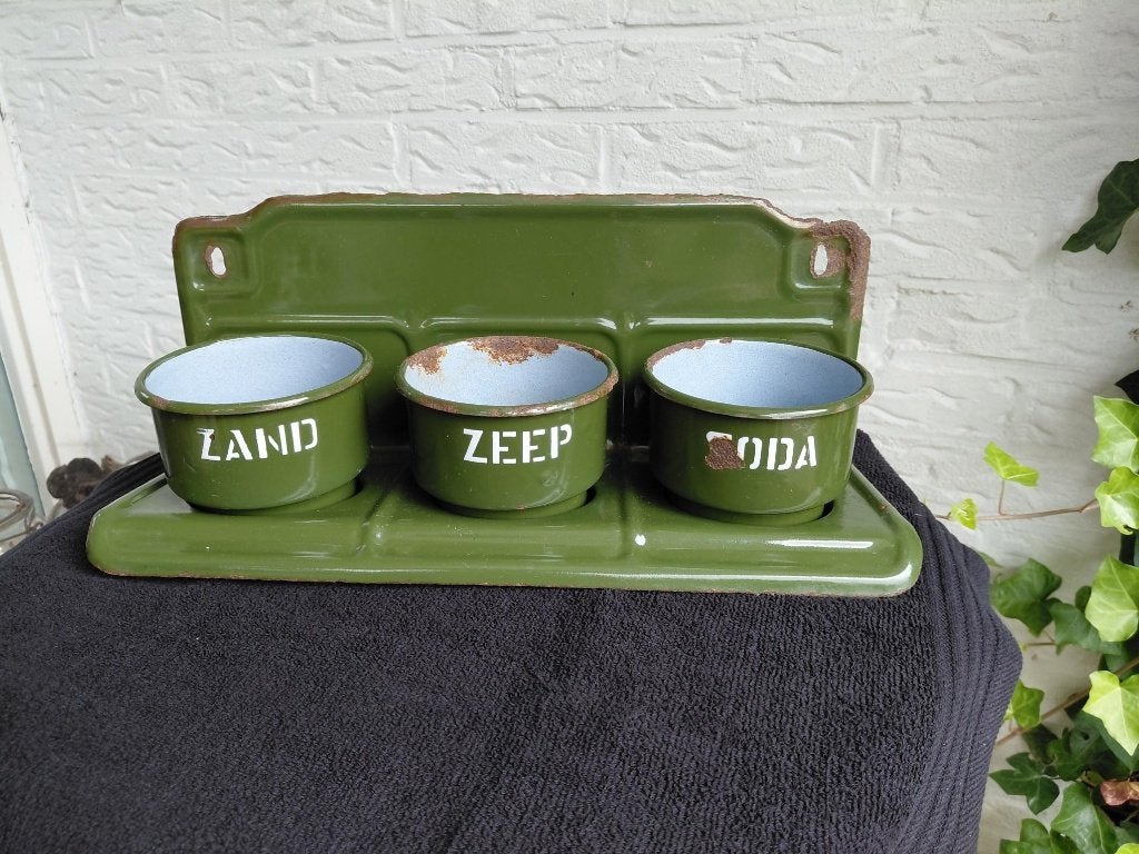 Emaille Zand-Zeep-Soda met rekje, Antiek en Kunst, Ophalen