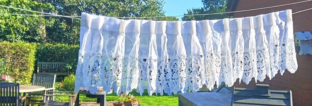 1x vintage vitrage met kanten rand - goede kwaliteit, Vitrage, Met haken, Wit, Zo goed als nieuw