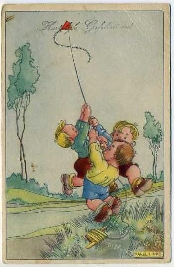Kinderen met vlieger - Illustrator: Karel Links (1926), Ophalen of Verzenden, 1920 tot 1940, Gelopen, Kinderen