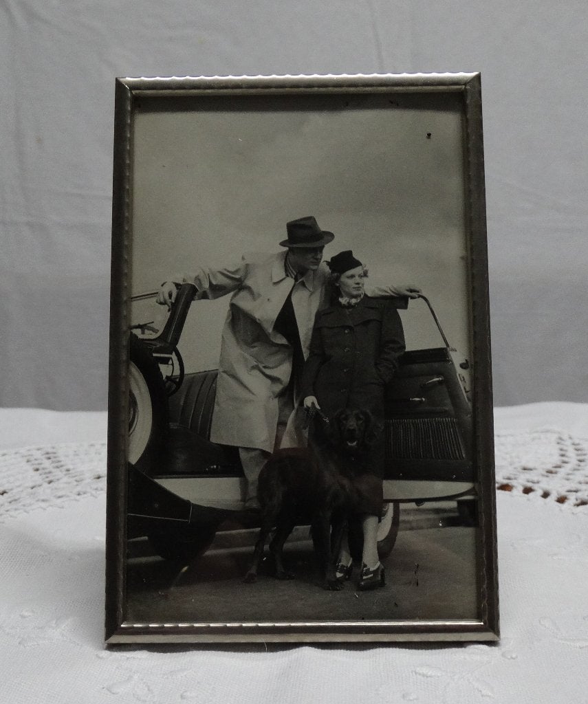 Oude fotolijstje bolglas zilverkleur / nr.33, Gebruikt, Zilver, Metaal, Standaard fotolijst