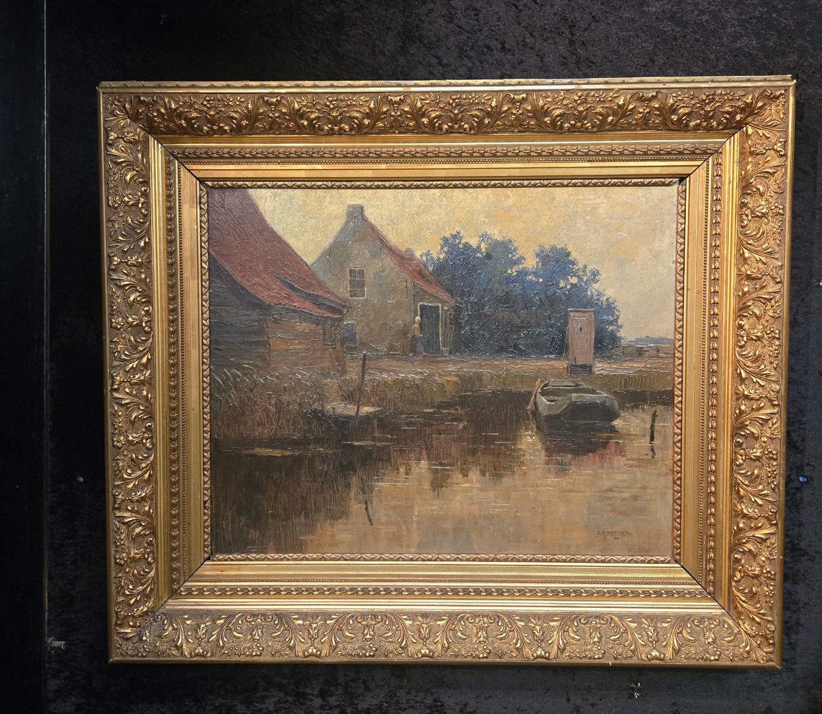 Olieverfschilderij C.A. Bartels - Hollands Landschap, Doek, Gedateerd, Ophalen of Verzenden, Landschap