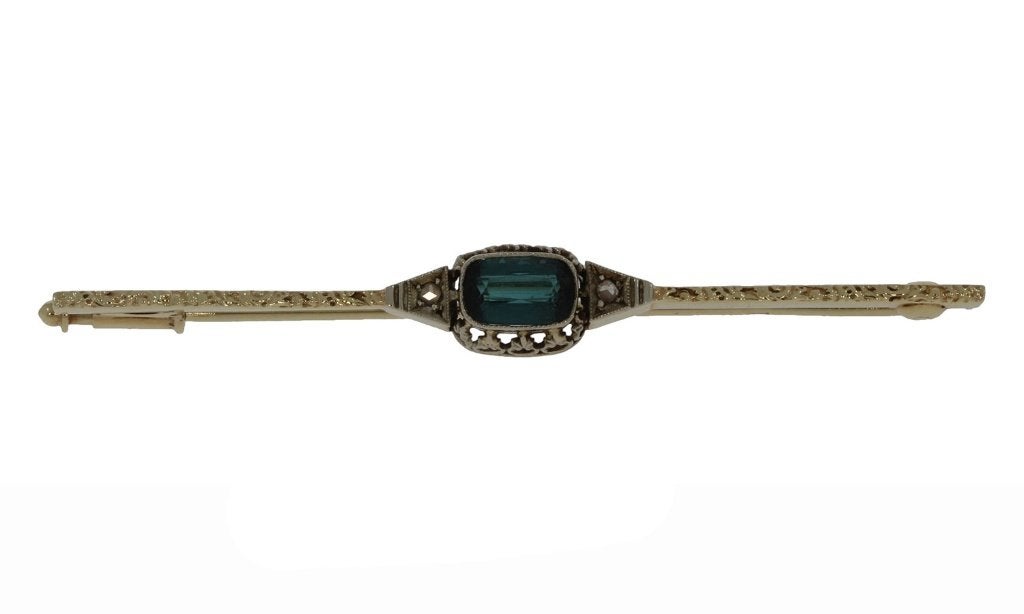 Toermalijn diamanten fraaie 14k gouden broche antiek vintage, Ophalen of Verzenden, Goud, Broche, Met edelsteen