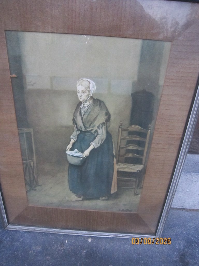Grote ingelijste prent van KNIERTJE met haar pannetje, Ophalen, Gebruikt, Voor 1940, Prent