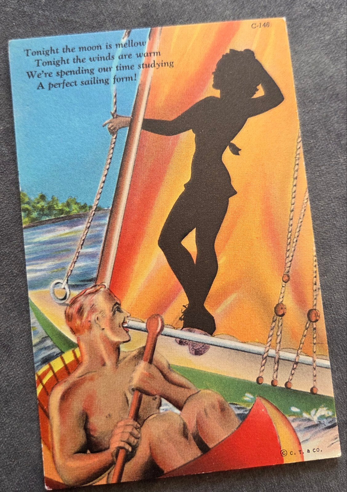 Man in bootje gluurt naar silhouet sexy vrouw achter zeil, Verzenden, 1940 tot 1960, Ongelopen, Overige thema's