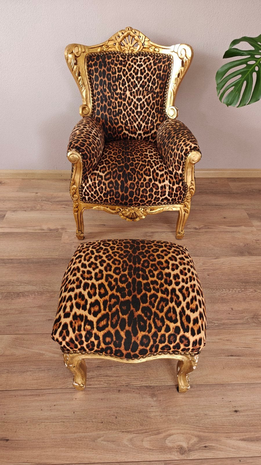 Kinder Barokke fauteuil met poef in luipaardprint, Huis en Inrichting, Ophalen, Overige kleuren, Zo goed als nieuw, Stof
