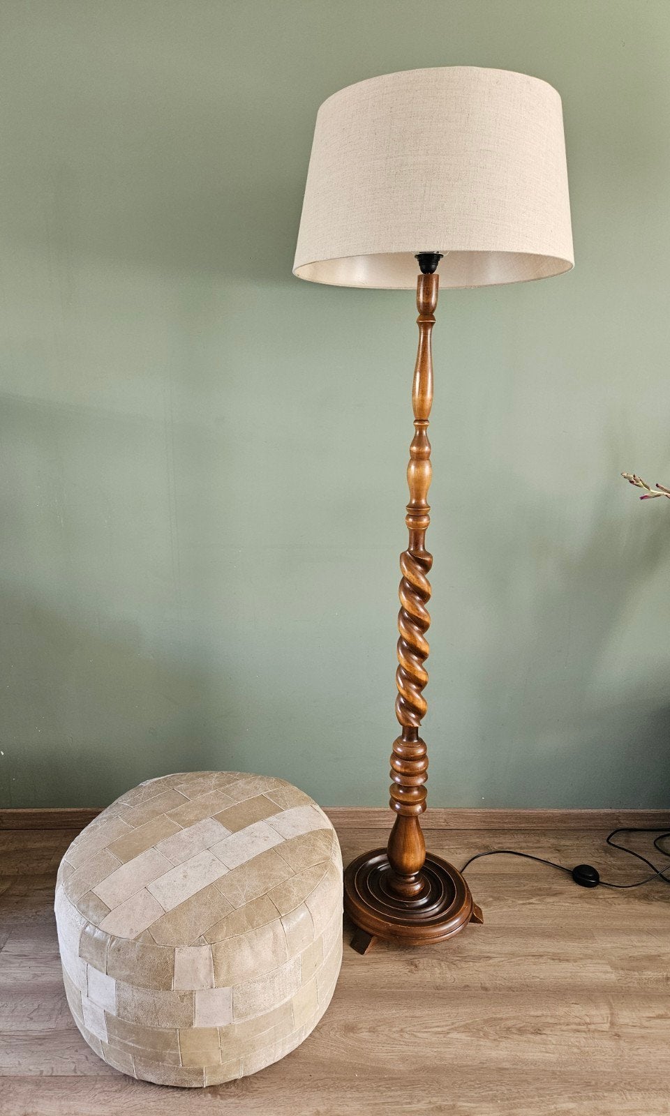Leren poef, patchwork, rond, beige/lichtbruin, vintage, Ophalen, Minder dan 50 cm, Gebruikt, Bohemian, Modern, Eclectisch