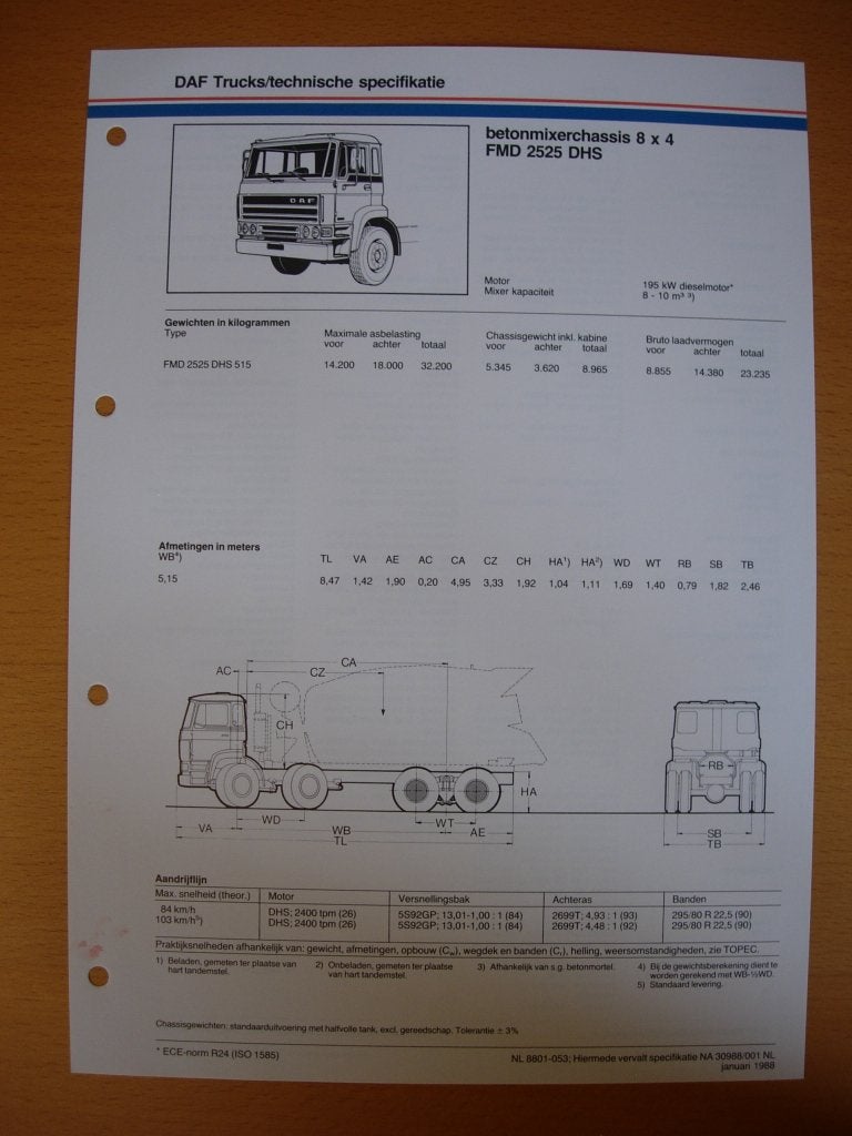 DAF FMD 2500 DHS Technische Specificatie Brochure 1988 – 8x4, Ophalen of Verzenden, Zo goed als nieuw, Overige merken, DAF