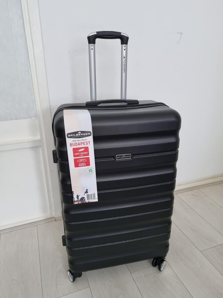 Spilbergen Zwarte Koffer Hardcase Trolley Lichtgewicht, Sieraden, Tassen en Uiterlijk, Koffers, Wieltjes, Hard kunststof, 45 tot 55 cm
