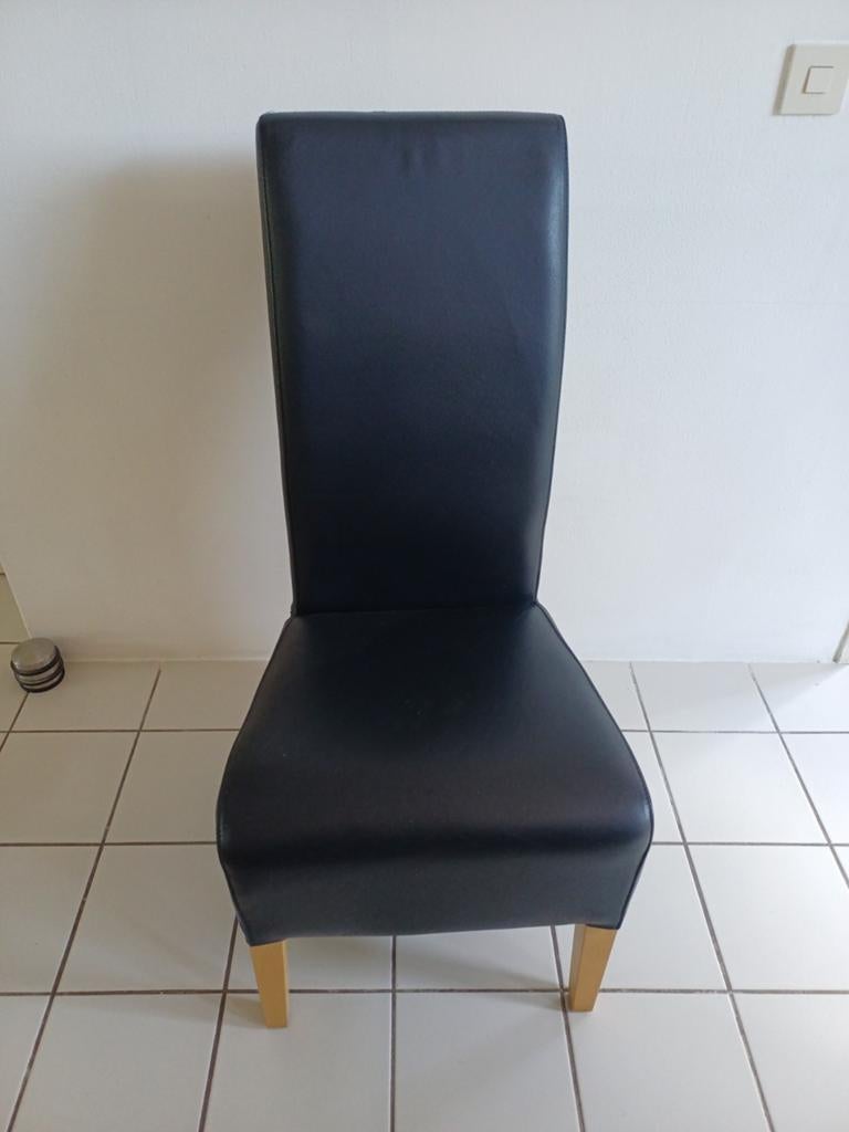 6 donkerblauwe echt leren eetkamerstoelen, Gebruikt, Blauw, Leer, Ophalen of Verzenden