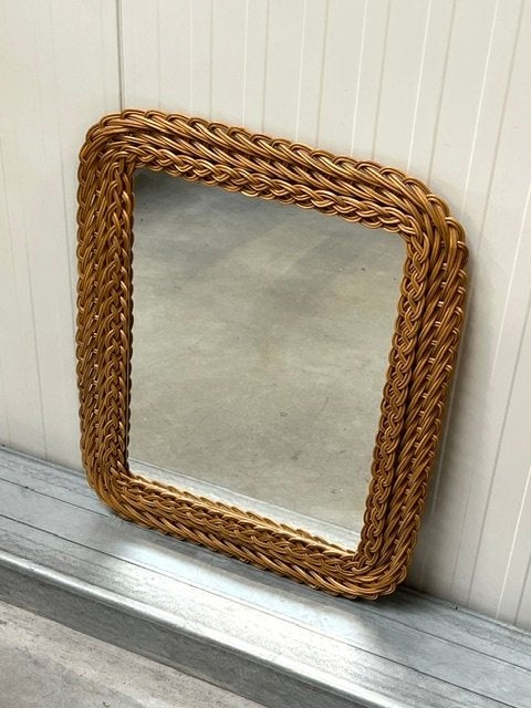 Jaren 60 spiegel rotan vintage wandspiegel riet retro mirror, Ophalen, Minder dan 50 cm, Gebruikt, .