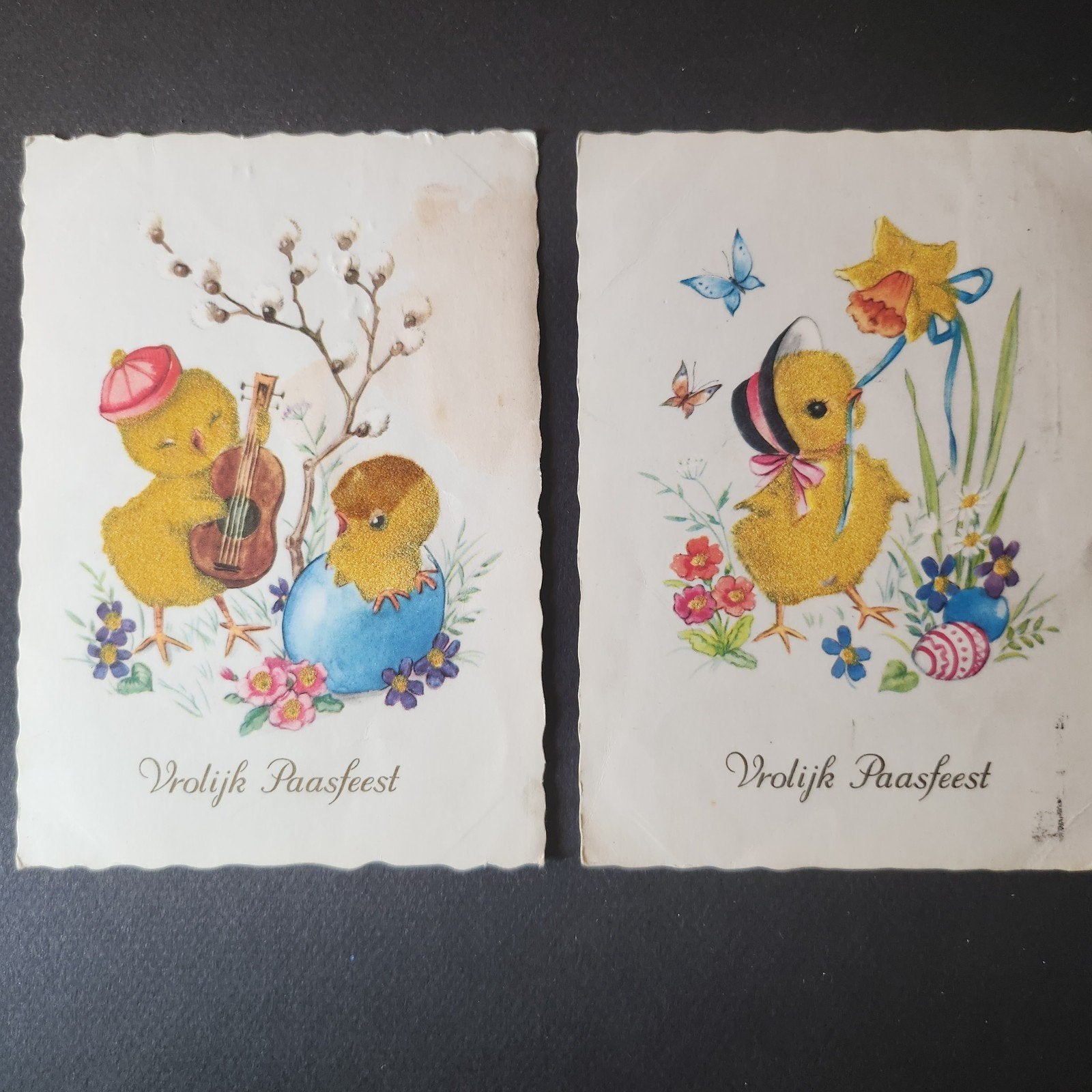 2 Vlokdruk Paaskaarten met Kuikens - Vrolijk Paasfeest, Verzenden