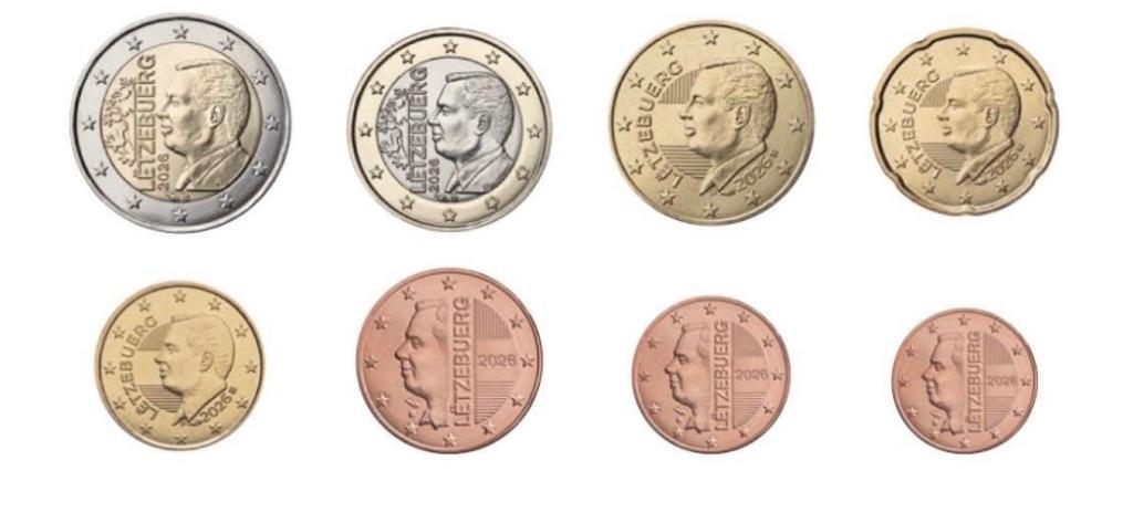 Luxemburg 1 cent t/m 2 euro UNC 2026, Verzenden, Luxemburg, 2 euro, Losse munt