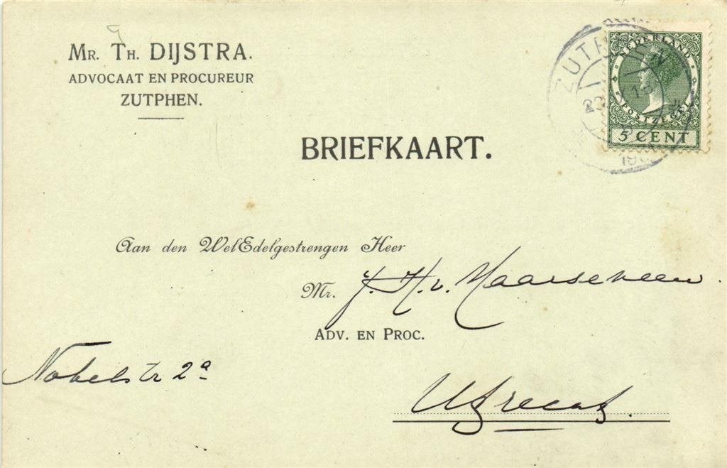Mr. Th. Dijstra. Advocaat en Procureur, Zutphen - 05.1931 -, Ophalen of Verzenden, Briefkaart