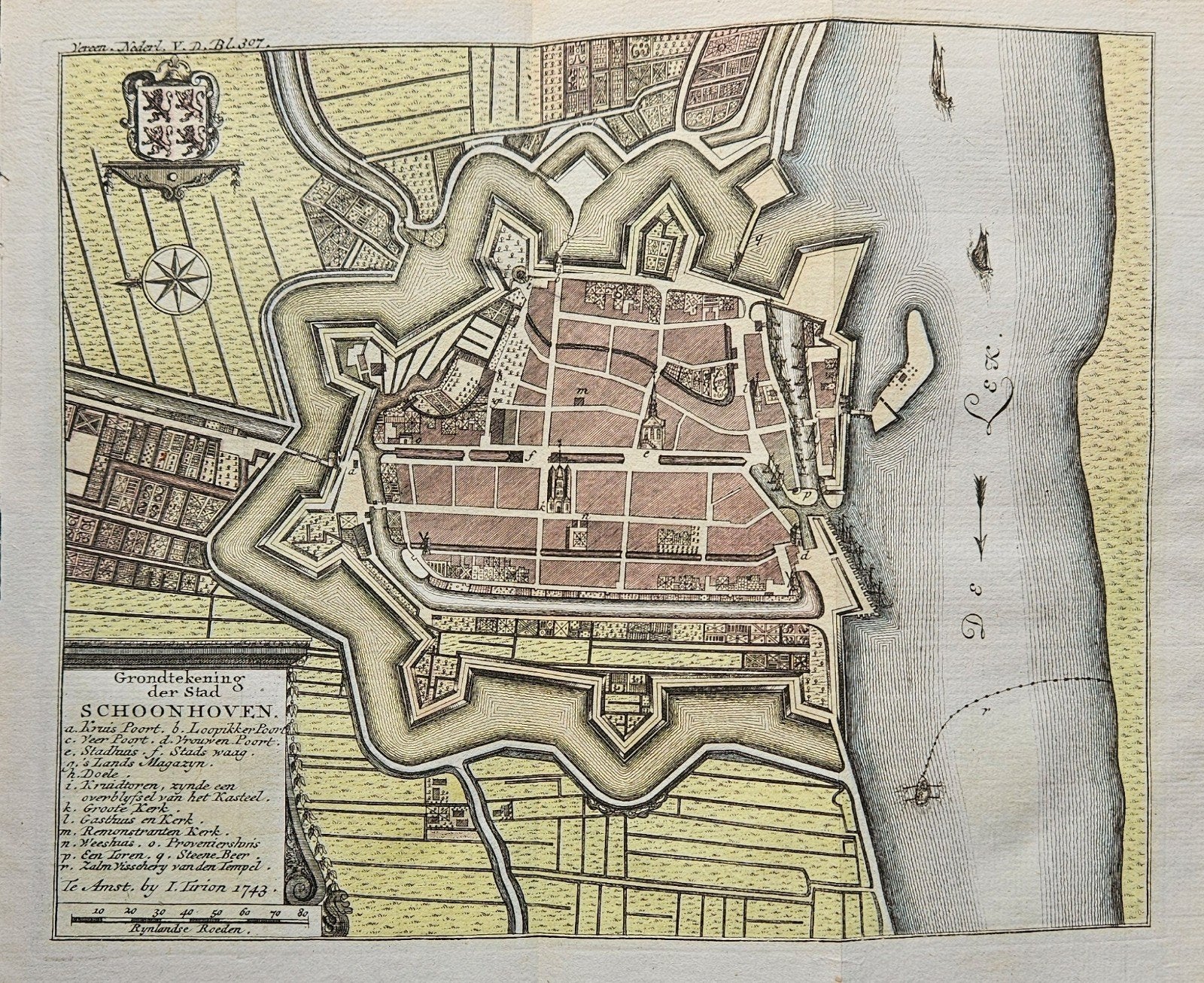 Schoonhoven, Tirion, ca. 1743, origineel antiek, gravure, Ophalen of Verzenden
