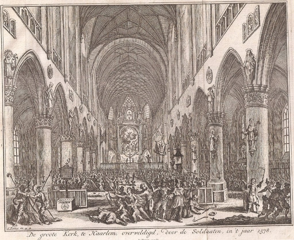 Kopergravure Groote Kerk Haarlem overweldigd in 1578 S.Fokke, 19 cm, Ophalen of Verzenden, 16 cm, 1700 - 1799