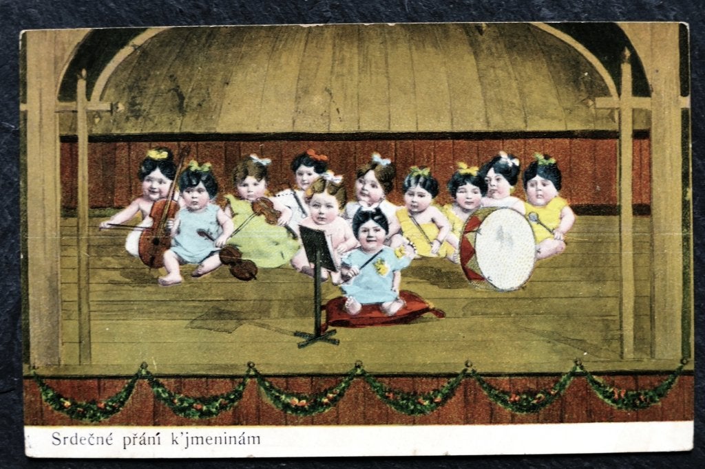 Baby-orkest houdt een uitvoering op het podium, 1908, Verzenden, Voor 1920, Gelopen, Kinderen