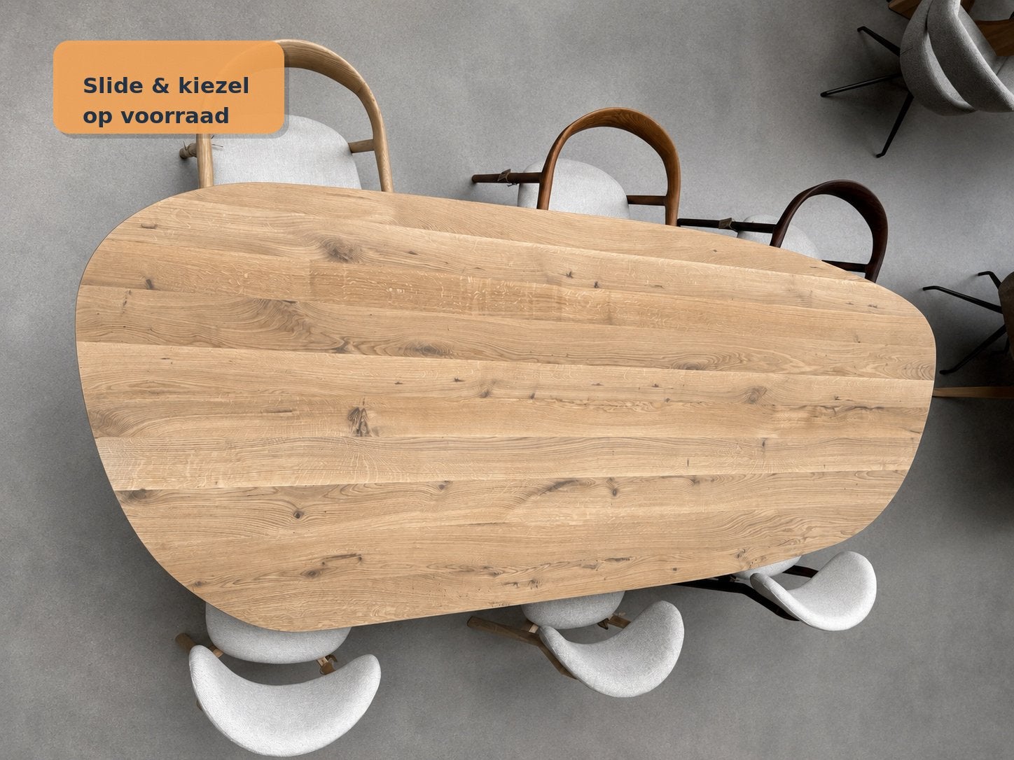 Organische eiken tafels | Slide & kiezel OP VOORRAAD, Japandi, 100 tot 150 cm, Verzenden, Vijf personen of meer