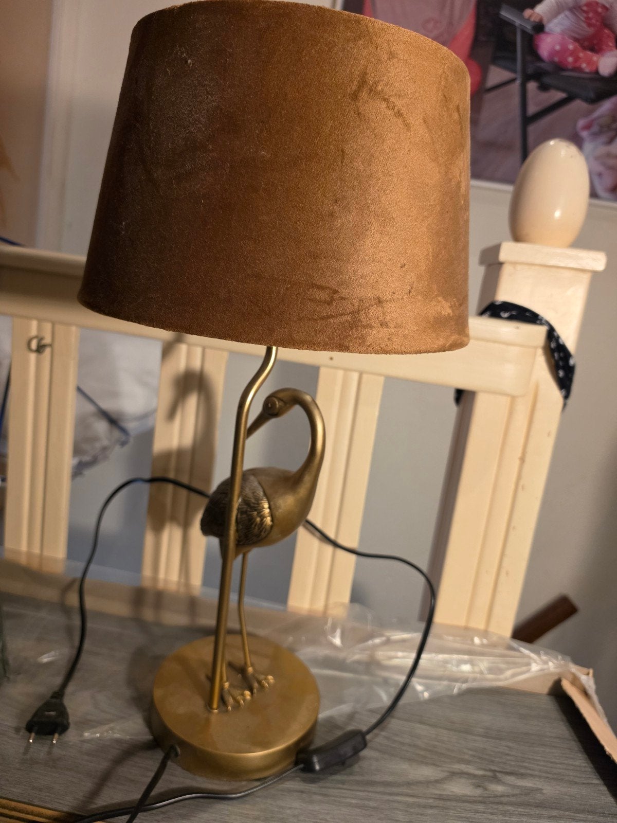 Tafellamp met kraanvogel design en bruine kap, Overige merken, Gebruikt, E27 (groot), Bruin