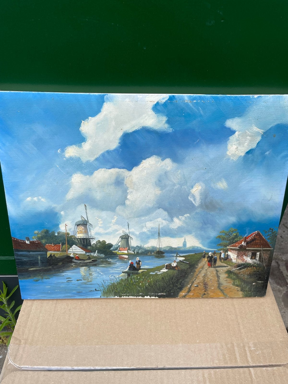 Oud Hollands landschap schilderij met molens en water, Ophalen