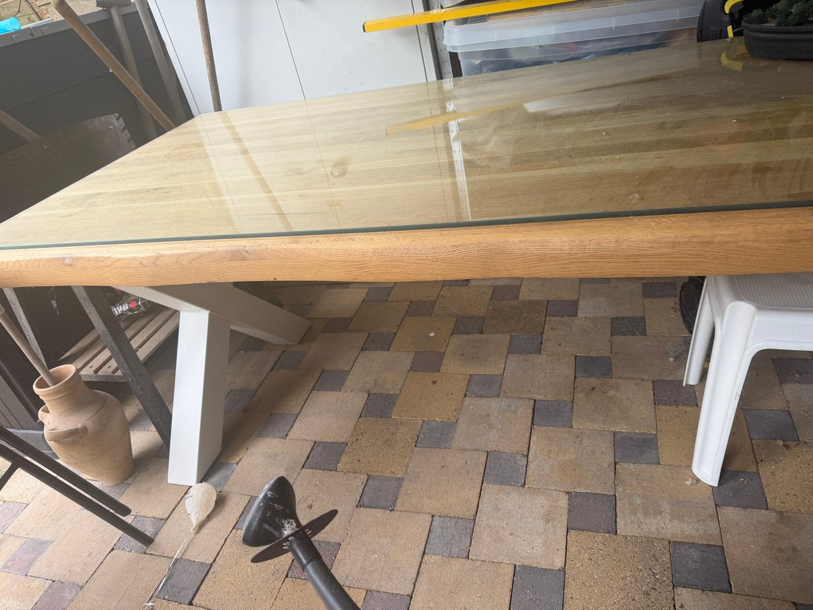 Robuuste eikenhouten tafel zonder glazen blad, Ophalen, Gebruikt, Eikenhout, 50 tot 100 cm