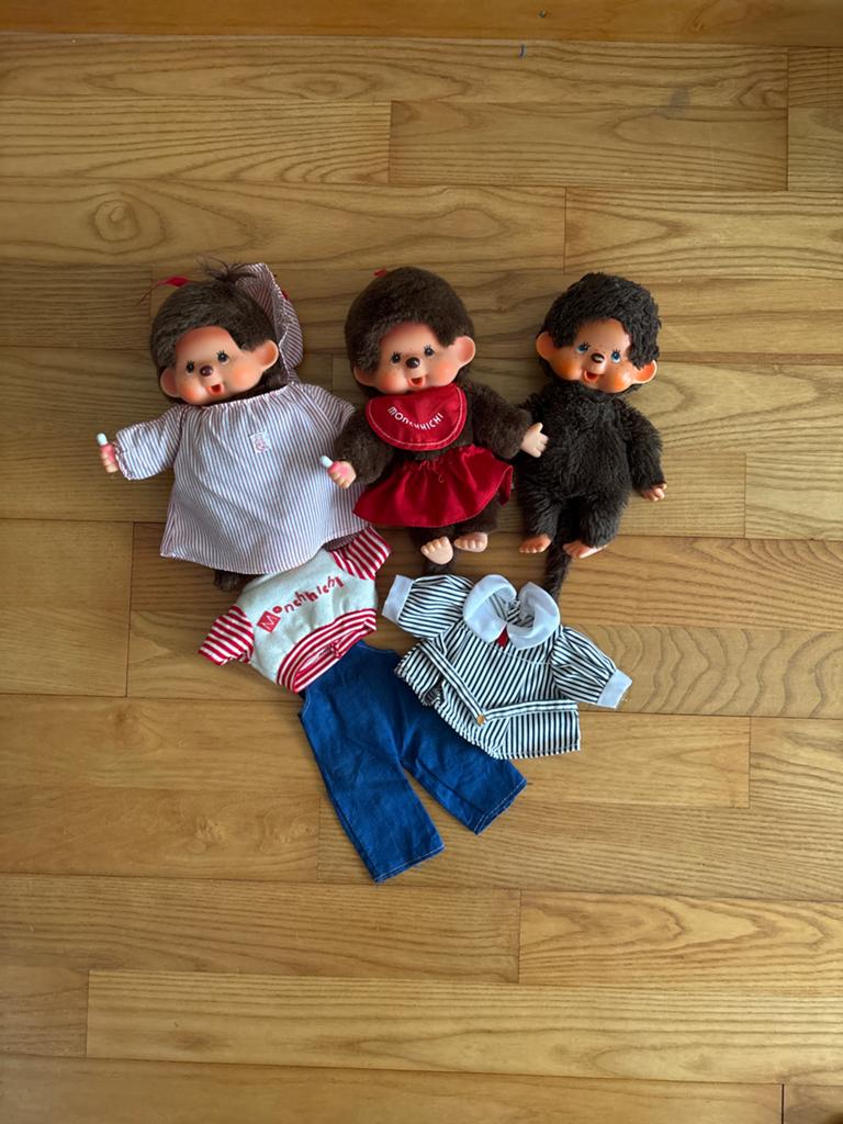 Vintage Monchhichi poppen set met extra kleding, Ophalen, Gebruikt, Overige typen