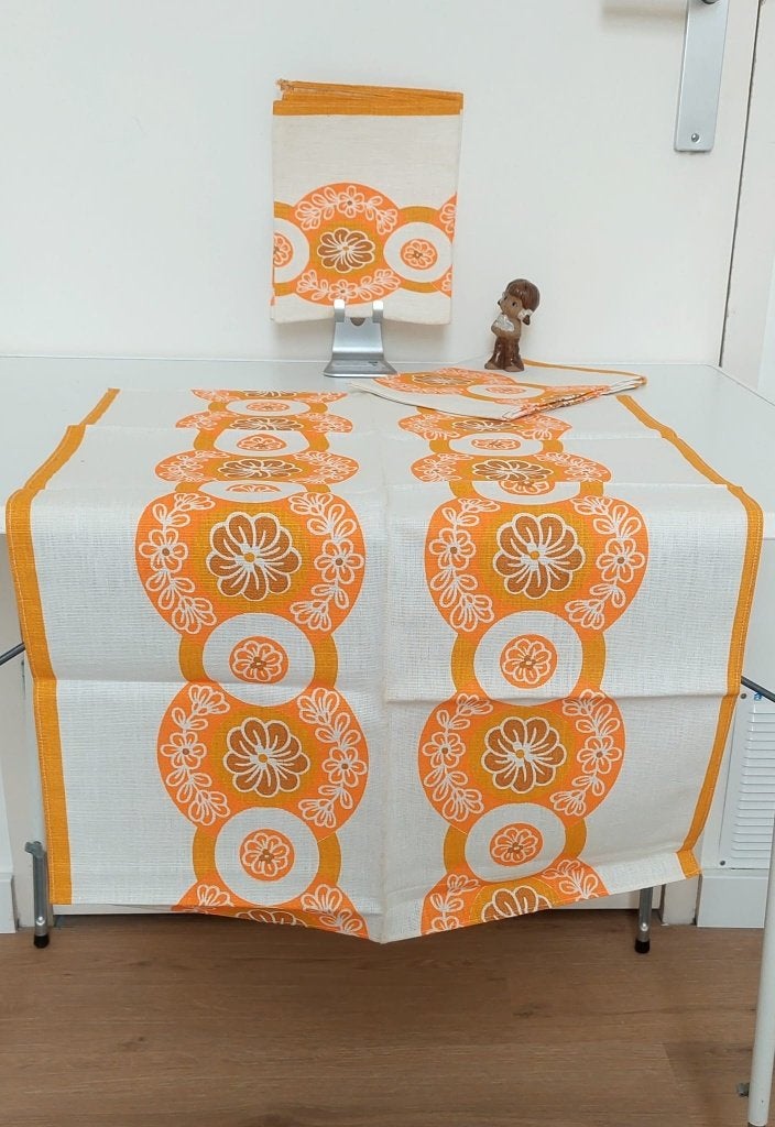 Set van 3 Vintage Jaren 70 Theedoeken – Oranje Bloemen Nieuw, Ophalen of Verzenden, Huis en Inrichting