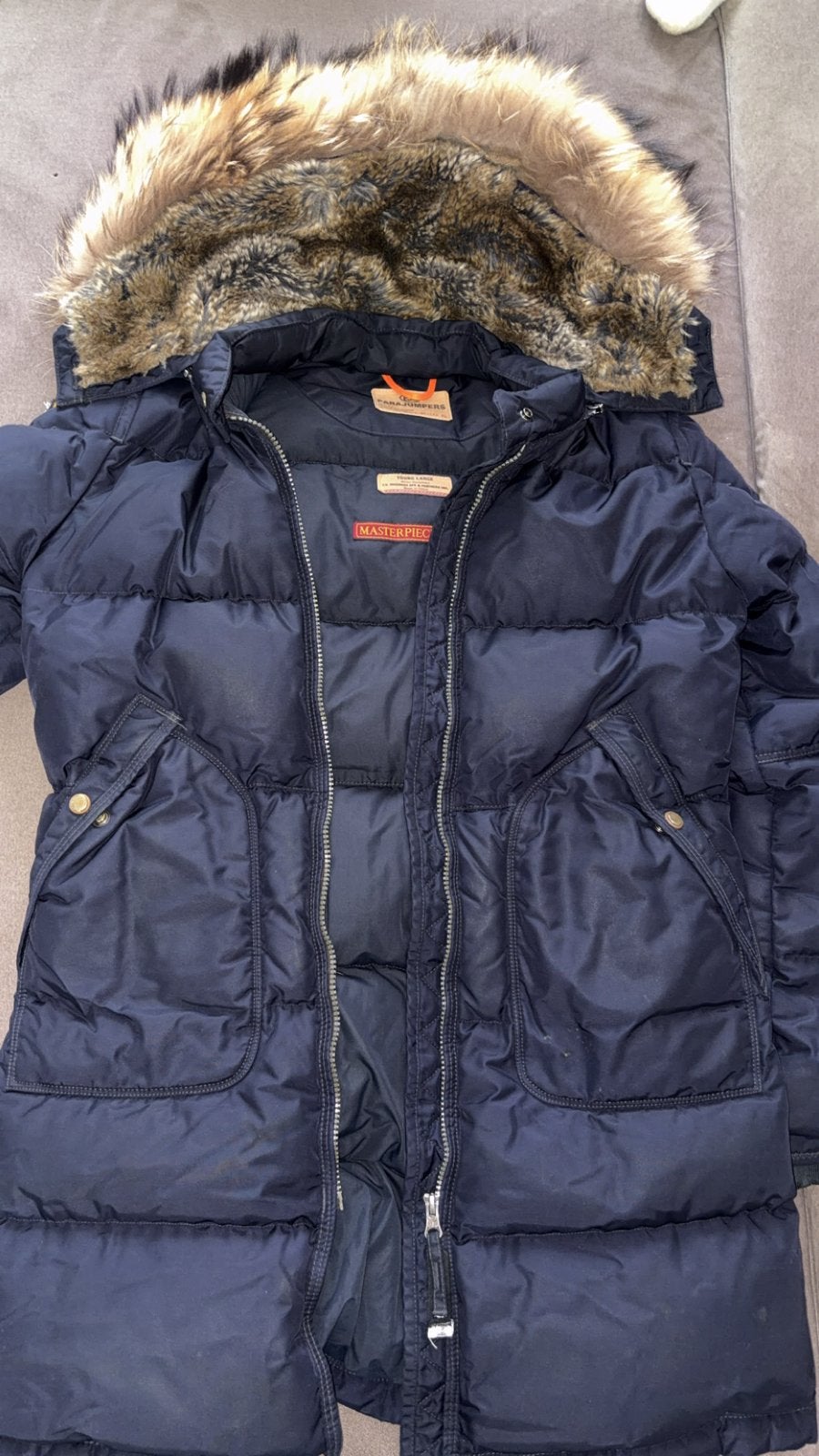 Parajumpers Masterpiece Series donsjas met bontkraag, Ophalen, Zo goed als nieuw, Maat 36 (S), Blauw