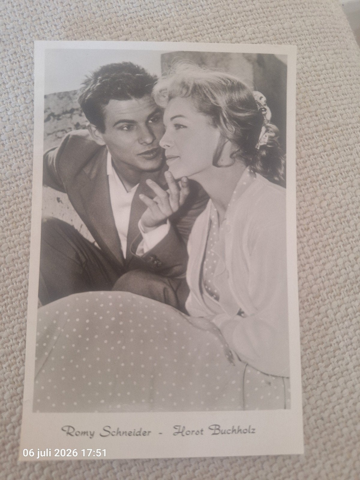 Romy Schneider en Horst Buchholz kaart, Ophalen of Verzenden, Zo goed als nieuw, Film, Foto of Kaart