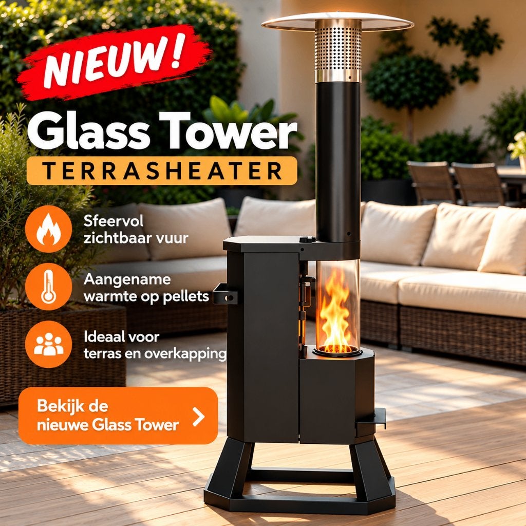 Pellet terrasverwarmer PelletKing Glass Tower – ACTIE!, Tuin en Terras, Verzenden, Nieuw, Vloer, Waterbestendig