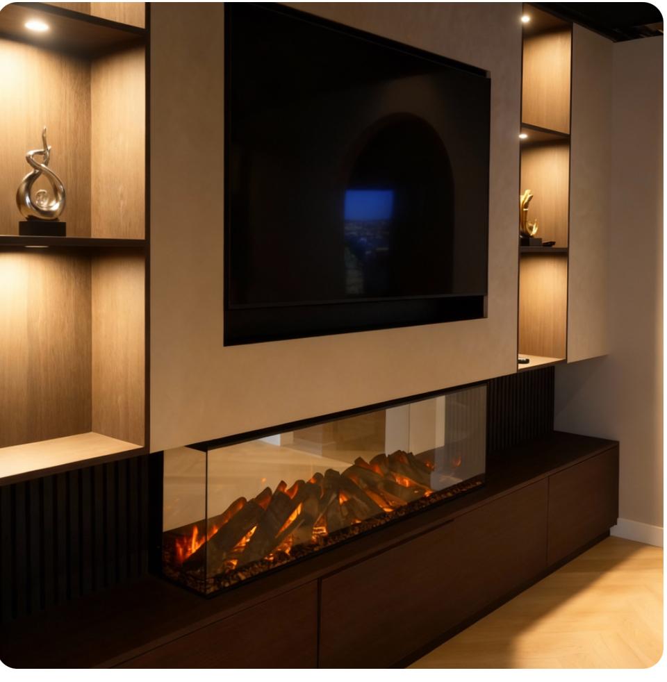 Moderne Cinewall met elektrische haard en opbergruimte, 200 cm of meer, Ophalen of Verzenden, Zo goed als nieuw, 25 tot 50 cm