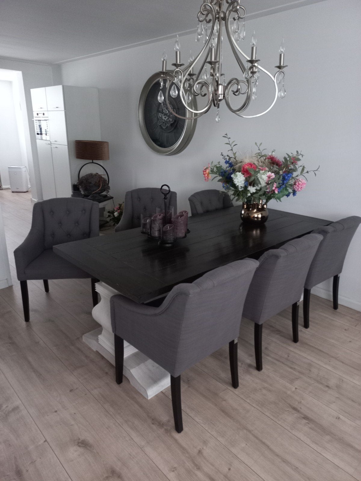 Elegante eettafel met kloosterpoot en 6 stoelen, Gebruikt, Overige materialen, 200 cm of meer, Vijf personen of meer