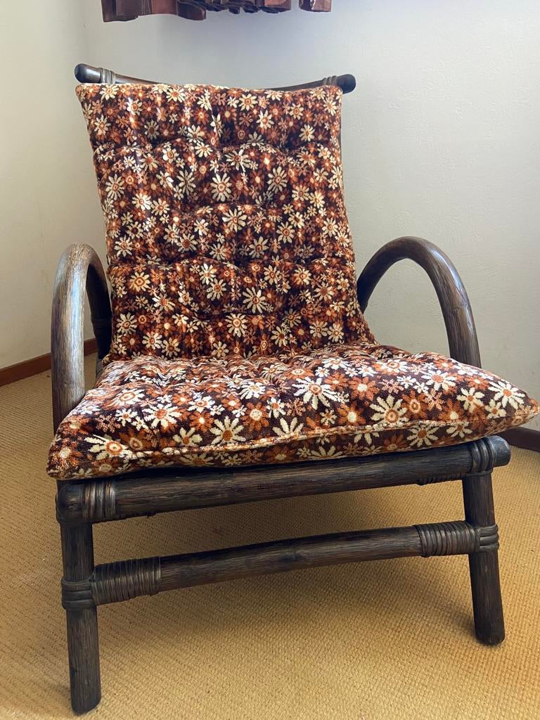 Vintage mooie  fauteuil stoel bamboe rotan, Ophalen, Bruin, Zo goed als nieuw, Eén