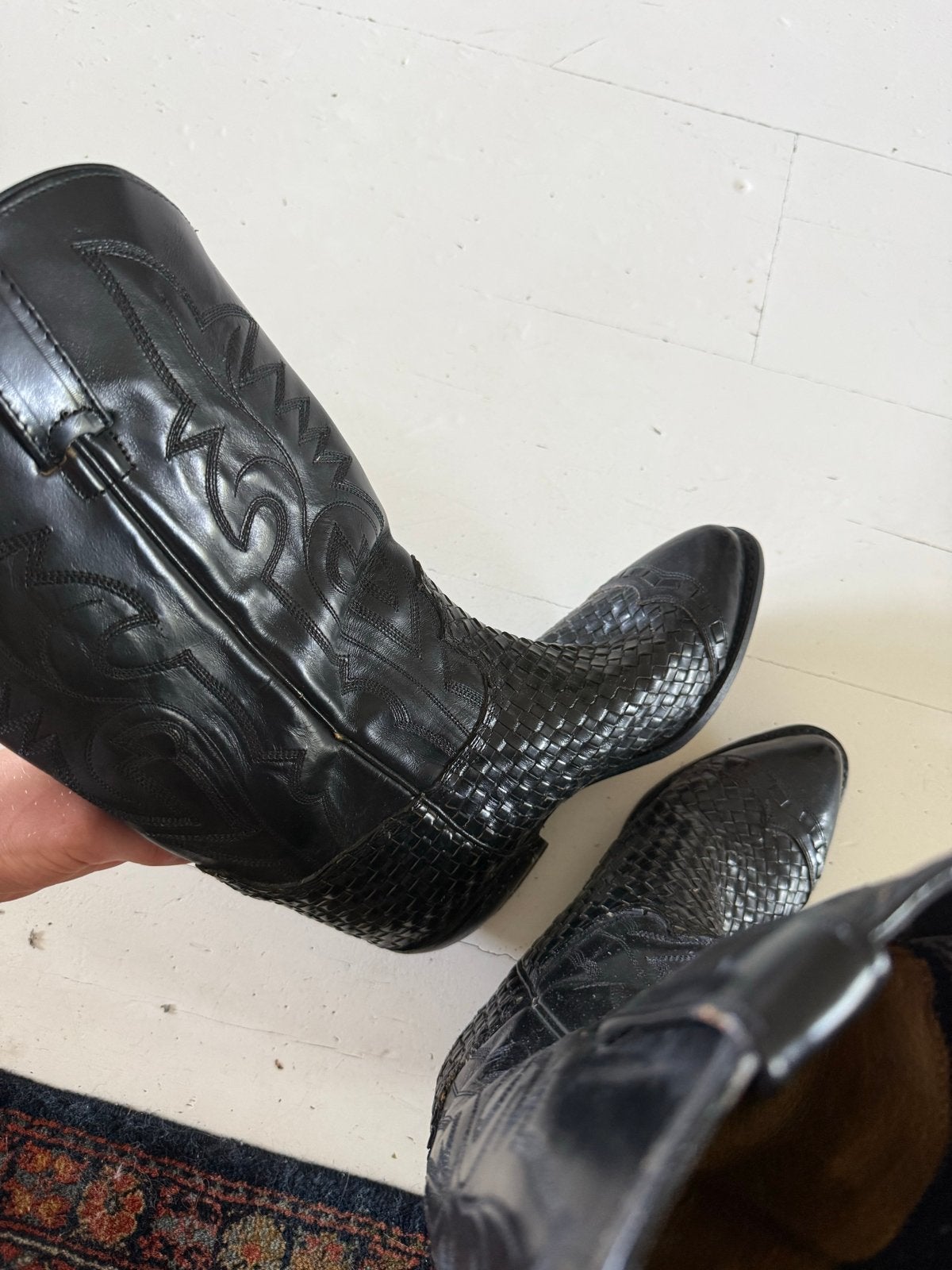 Vintage handgemaakte leren laarzen uit Mexico, maat 37/38, Kleding | Dames, Ophalen of Verzenden, Gedragen, Zwart, Hoge laarzen