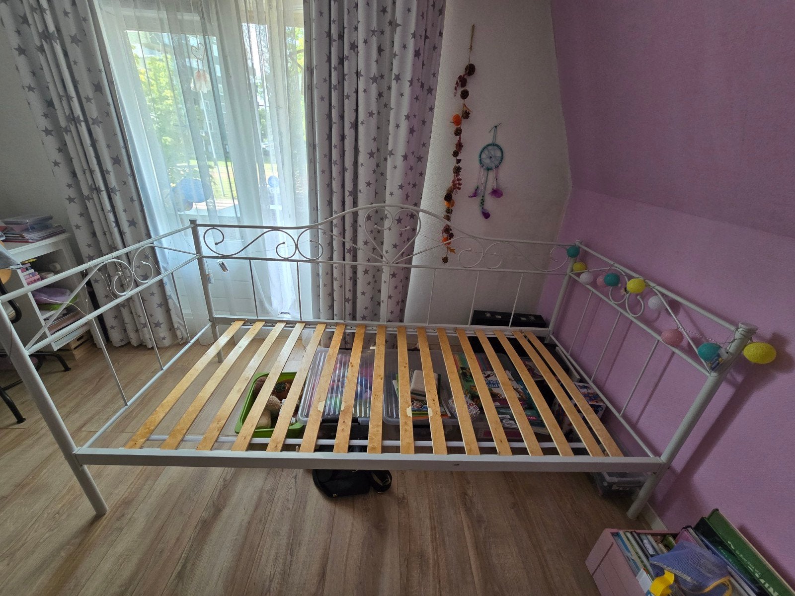 1 persoon Metalen frame bed, Ophalen, 90 cm, Eenpersoons, Wit